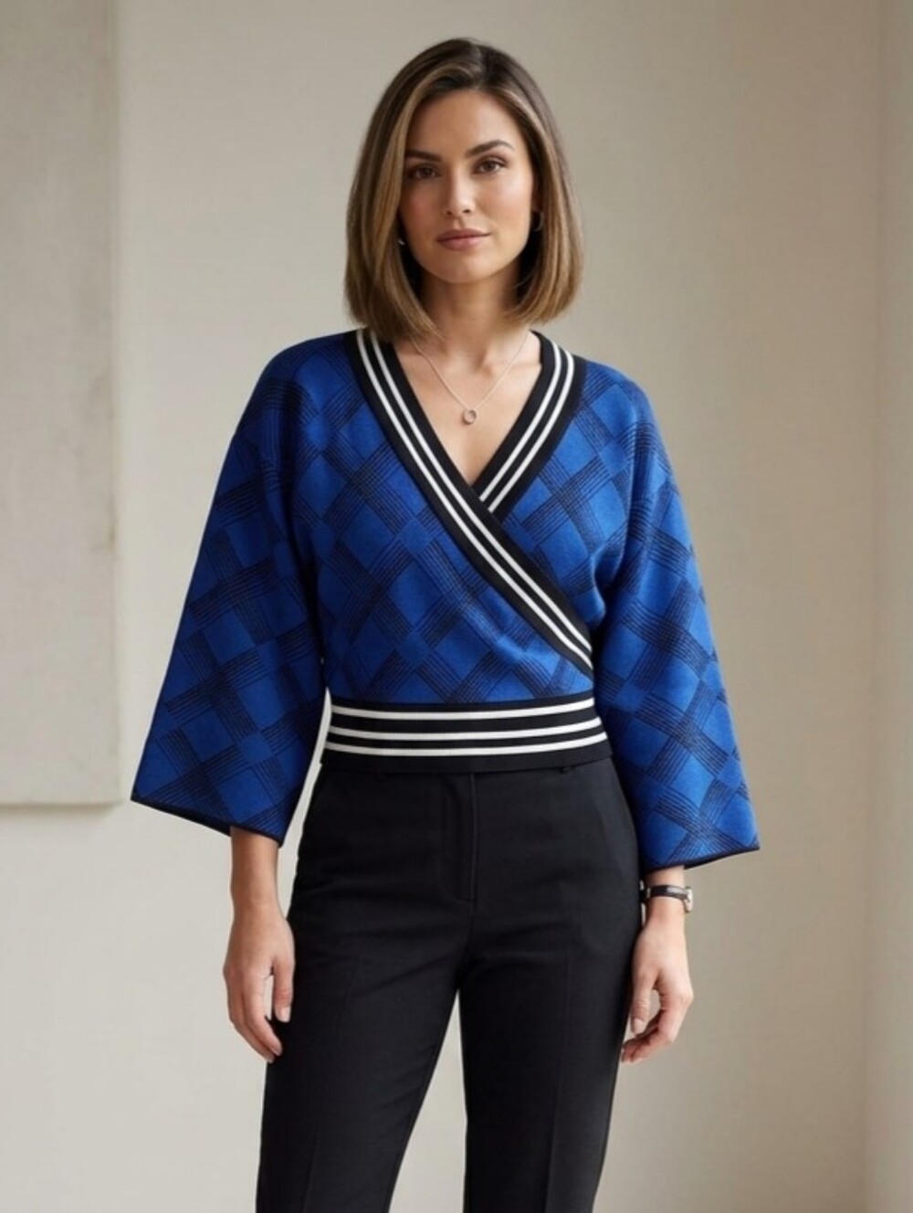 NY&C 7th Avenue Blue Plaid Knit Wrap Top Striped Trim Cropped Small NWT